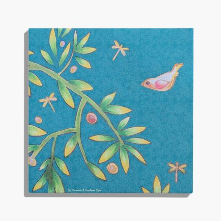 Dove Among Dragonflies - blue Colourful illustration featuring a bird and leaves on a turquoise background.