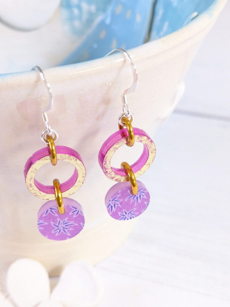 Recycled Acrylic Circle Drop Earrings & Sterling Silver MarMoo Jewellery - Purple & Pink Recycled Acrylic Circle Drop Earrings & Sterling Silver MarMoo Jewellery - Purple & Pink