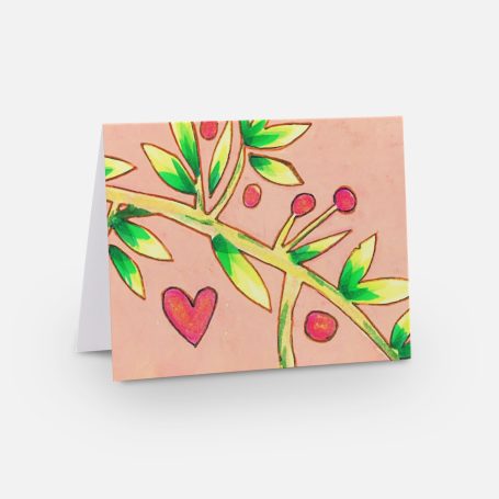 “Toward the Heart”- Soft peach background with delicate branches reaching toward a glowing heart A card featuring a branch with leaves, red berries, and a heart design on a pink background.